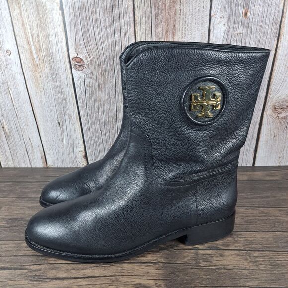 Tory Burch Hallie Mid Shaft Logo Black Leather Riding Boots Women's Sz 9 M (GUC) - Picture 1 of 10